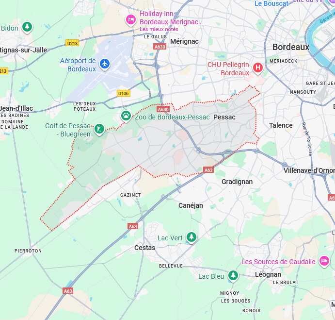 Carte Pessac, Bordeaux : Zoo, Golf, A63 et environs Carte routière centrée sur Pessac, Bordeaux. Montre A630, Aéroport de Bordeaux, Zoo de Bordeaux-Pessac, Gradignan et Talence.