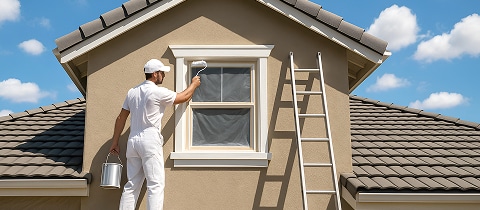 Peintre extérieur : Rénovation façade maison Peintre en combinaison blanche repeint la façade beige d'une maison avec un rouleau, une échelle et un seau de peinture.