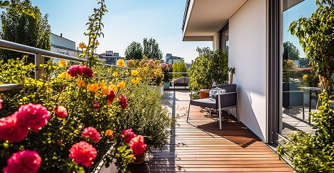 Balcon fleuri moderne avec terrasse en bois Balcon/terrasse ensoleillé aménagé avec jardinières débordantes de fleurs rouges et jaunes vives, sol en bois et mobilier moderne.